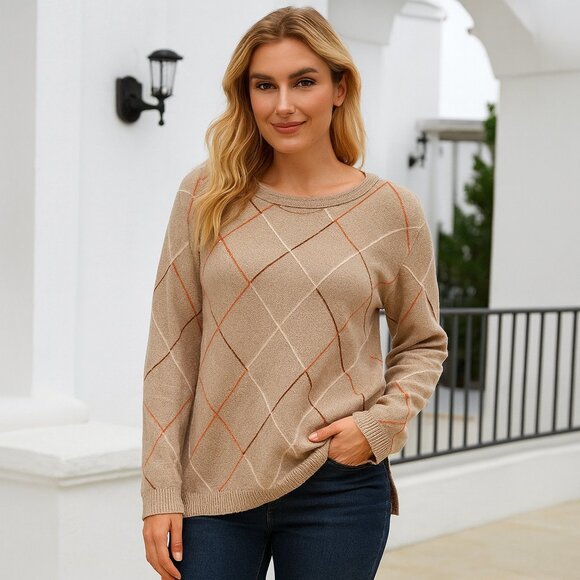 OLSEN | Caramel Brown & Orange Argyle Crewneck Sweater  - Size 12 - Picture 1 of 8